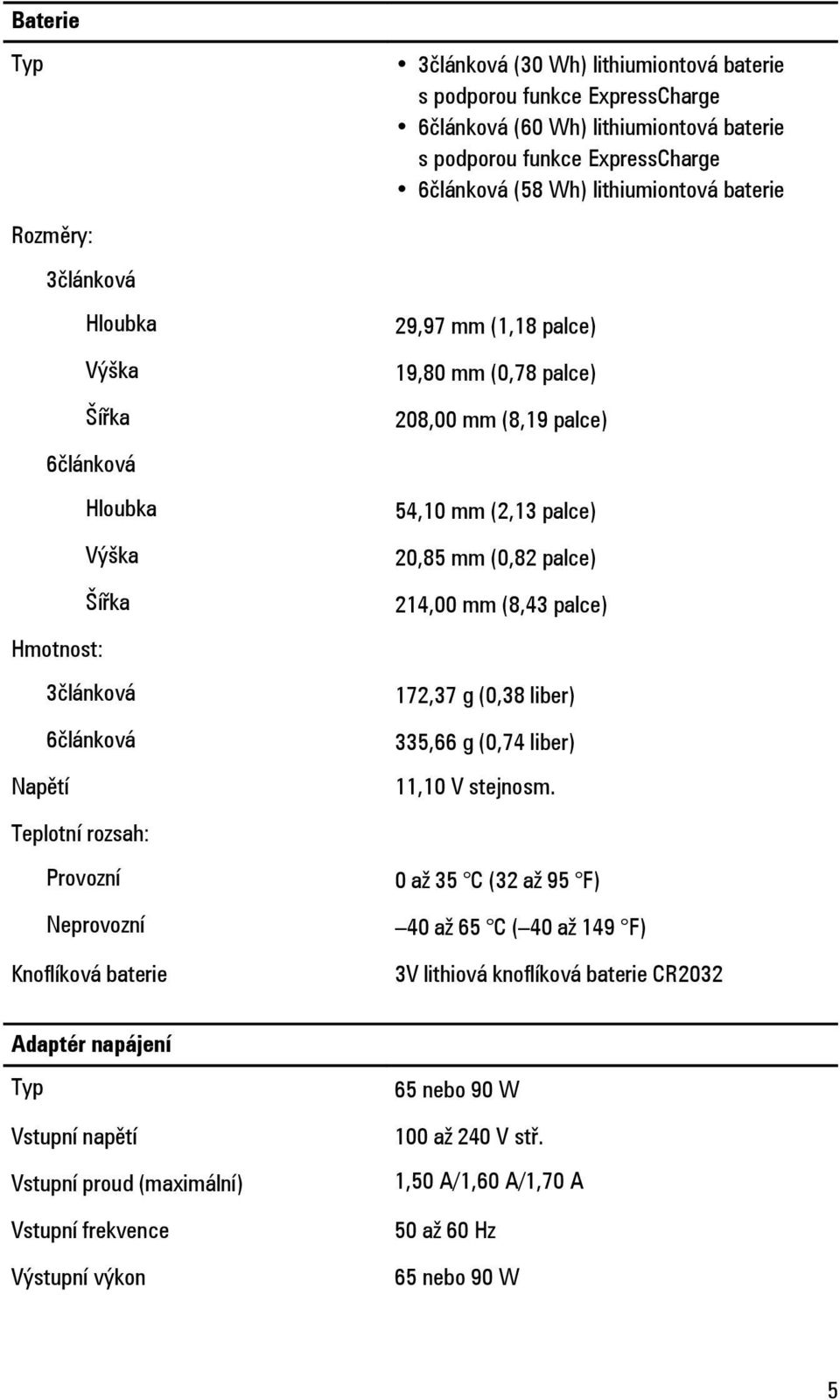 palce) 20,85 mm (0,82 palce) 214,00 mm (8,43 palce) 172,37 g (0,38 liber) 335,66 g (0,74 liber) 11,10 V stejnosm.