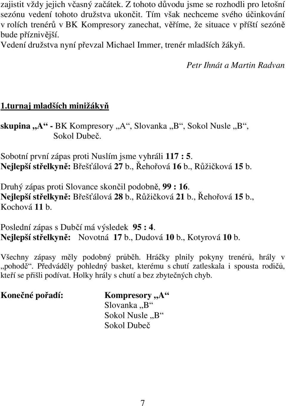 Petr Ihnát a Martin Radvan 1.turnaj mladších minižákyň skupina A - BK Kompresory A, Slovanka B, Sokol Nusle B, Sokol Dubeč. Sobotní první zápas proti Nuslím jsme vyhráli 117 : 5.