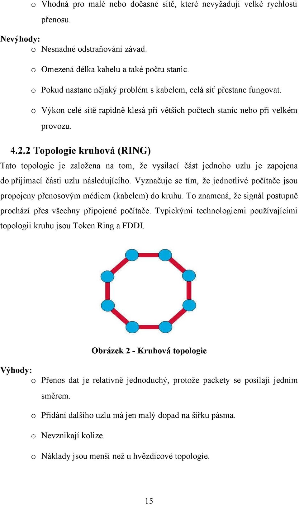 2 Topologie kruhová (RING) Tato topologie je založena na tom, že vysílací část jednoho uzlu je zapojena do přijímací části uzlu následujícího.