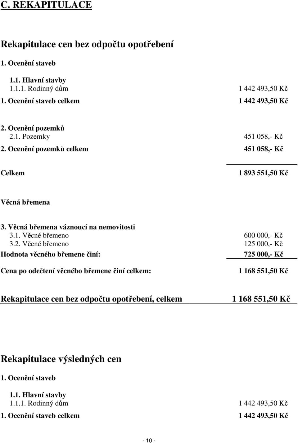 2. Věcné břemeno 125 000,- Kč Hodnota věcného břemene činí: 725 000,- Kč Cena po odečtení věcného břemene činí celkem: 1 168 551,50 Kč Rekapitulace cen bez odpočtu opotřebení,