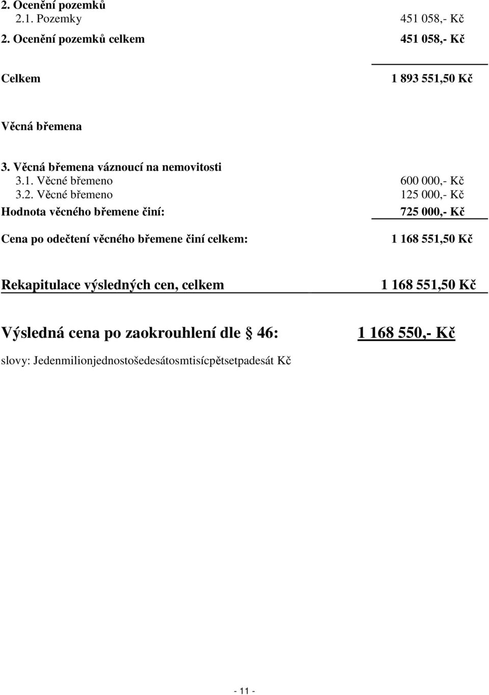 Věcné břemeno 125 000,- Kč Hodnota věcného břemene činí: 725 000,- Kč Cena po odečtení věcného břemene činí celkem: 1 168