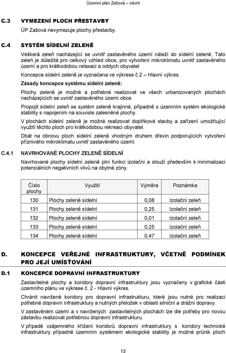 2 Hlavní výkres. Zásady koncepce systému sídelní zeleně: Plochy zeleně je možné a potřebné realizovat ve všech urbanizovaných plochách nacházejících se uvnitř zastavěného území obce.