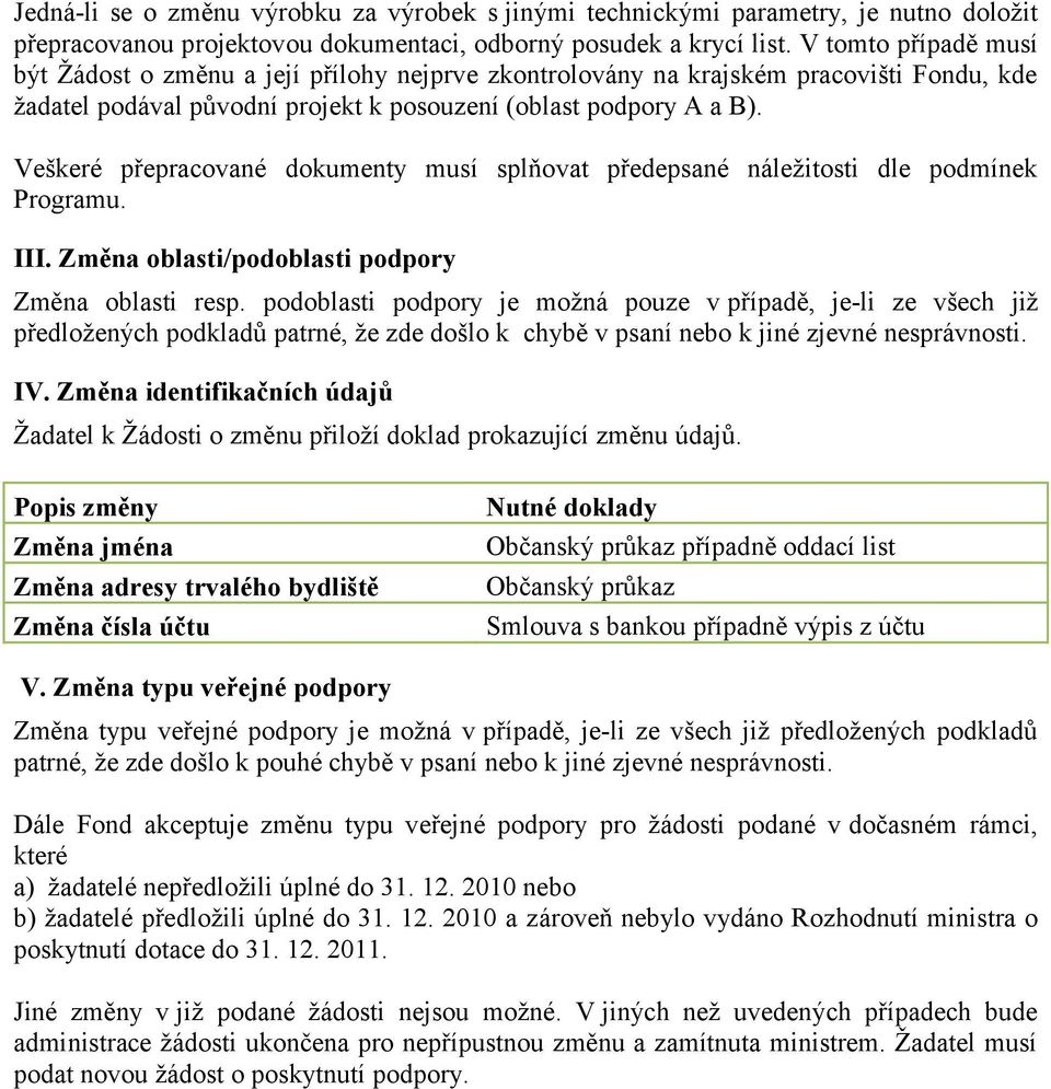 Veškeré přepracované dokumenty musí splňovat předepsané náležitosti dle podmínek Programu. III. Změna oblasti/podoblasti podpory Změna oblasti resp.