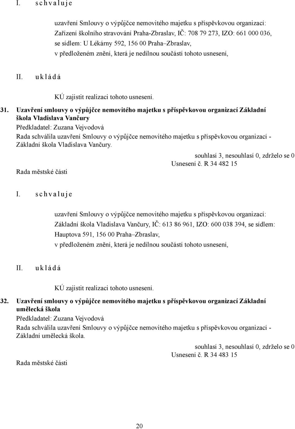 Uzavření smlouvy o výpůjčce nemovitého majetku s příspěvkovou organizací Základní škola Vladislava Vančury Předkladatel: Zuzana Vejvodová Rada schválila uzavření Smlouvy o výpůjčce nemovitého majetku