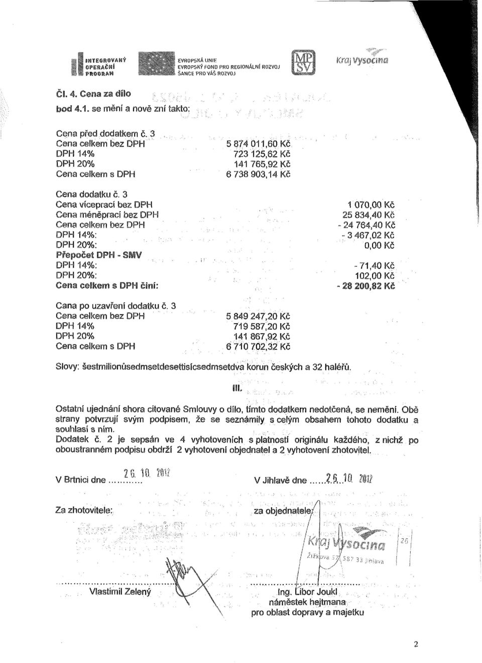 3 Cena víceprací bez DPH Cena méněprací bez DPH Cena celkem bez DPH DPH 14%: DPH 20%: Přepočet DPH - SMV DPH 14%: DPH 20%: Cena celkem s DPH činí: 1 070,00 Kč 25 834,40 Kč - 24 764,40 Kč -3 467,02 Kč