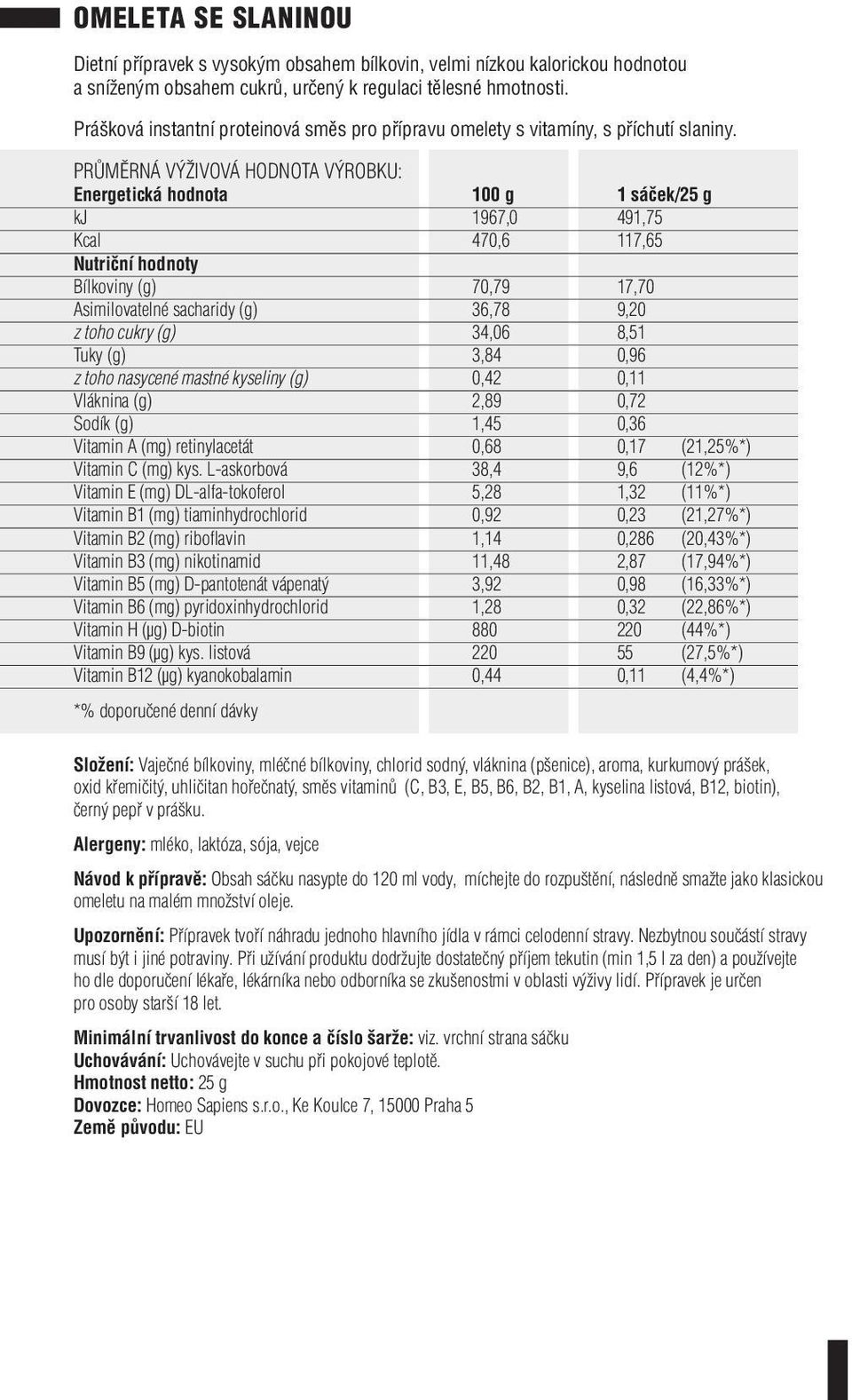 Vláknina (g) 2,89 0,72 Sodík (g) 1,45 0,36 Vitamin A (mg) retinylacetát 0,68 0,17 (21,25%*) Vitamin C (mg) kys.