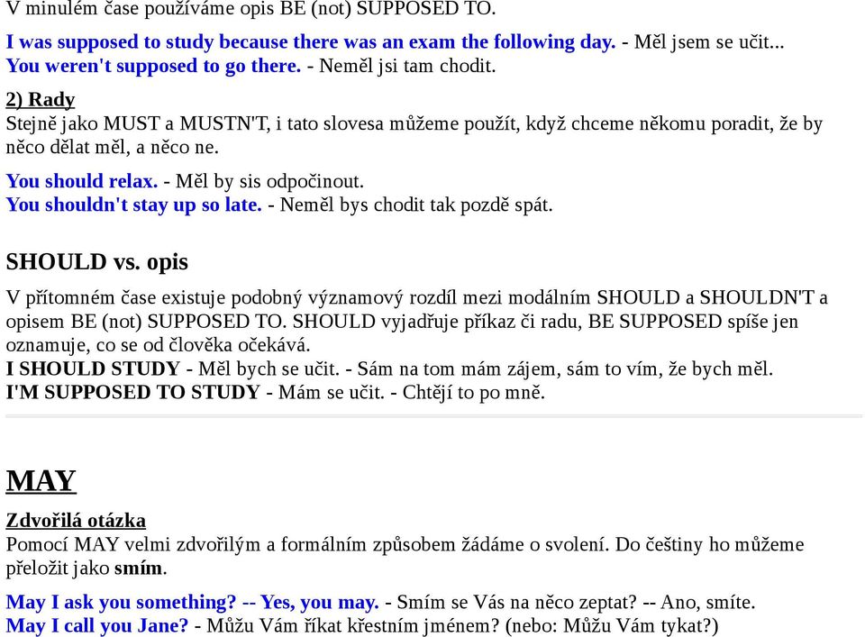 - Neměl bys chodit tak pozdě spát. SHOULD vs. opis V přítomném čase existuje podobný významový rozdíl mezi modálním SHOULD a SHOULDN'T a opisem BE (not) SUPPOSED TO.