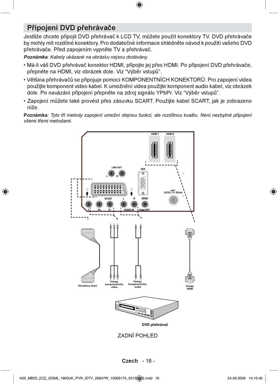 Má-li váš DVD přehrávač konektor HDMI, připojte jej přes HDMI. Po připojení DVD přehrávače, přepněte na HDMI, viz obrázek dole. Viz Výběr vstupů.