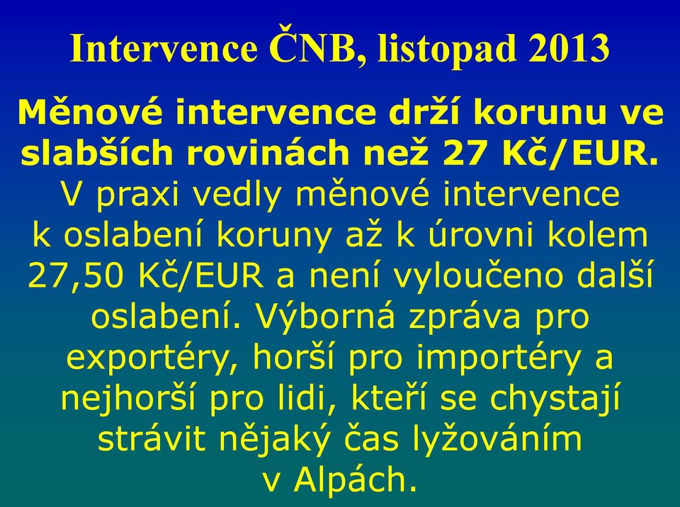 V praxi vedly měnové intervence k oslabení koruny až k úrovni kolem 27,50 Kč/EUR a