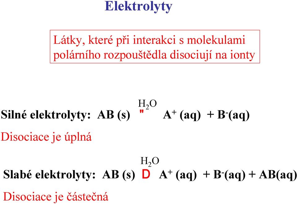 + (aq) + B - (aq) Disociace je úplná Slabé elektrolyty: AB (s)