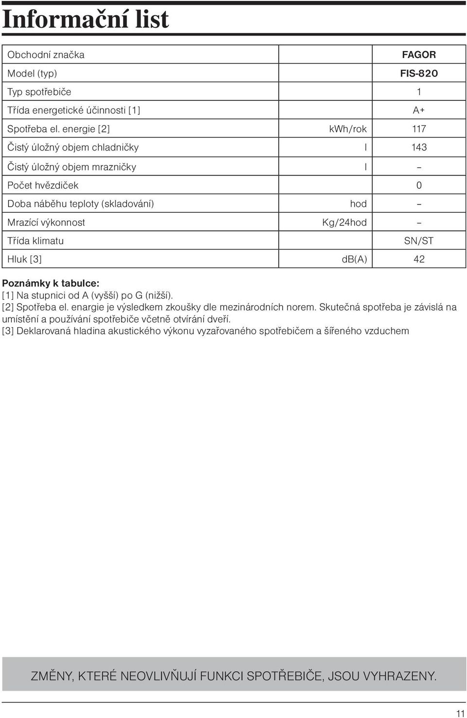 Třída klimatu Hluk [3] db(a) 42 SN/ST Poznámky k tabulce: [1] Na stupnici od A (vyšší) po G (nižší). [2] Spotřeba el. enargie je výsledkem zkoušky dle mezinárodních norem.