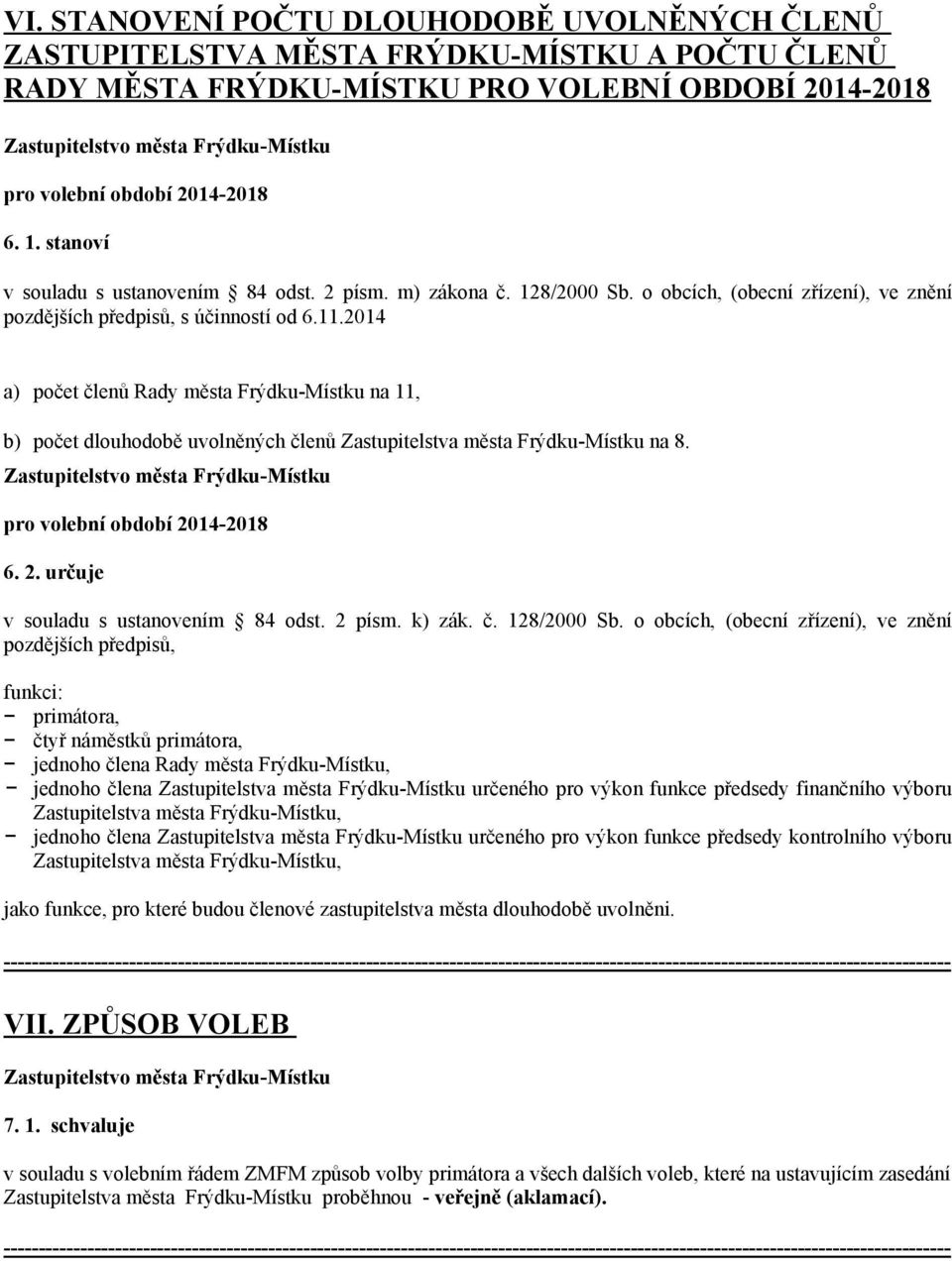 2014 a) počet členů Rady města Frýdku-Místku na 11, b) počet dlouhodobě uvolněných členů Zastupitelstva města Frýdku-Místku na 8. pro volební období 2014-2018 6. 2. určuje v souladu s ustanovením 84 odst.