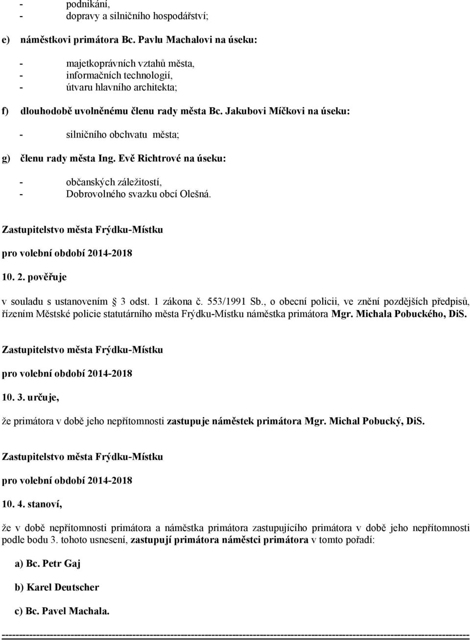 Jakubovi Míčkovi na úseku: - silničního obchvatu města; g) členu rady města Ing. Evě Richtrové na úseku: - občanských záležitostí, - Dobrovolného svazku obcí Olešná. pro volební období 2014-2018 10.