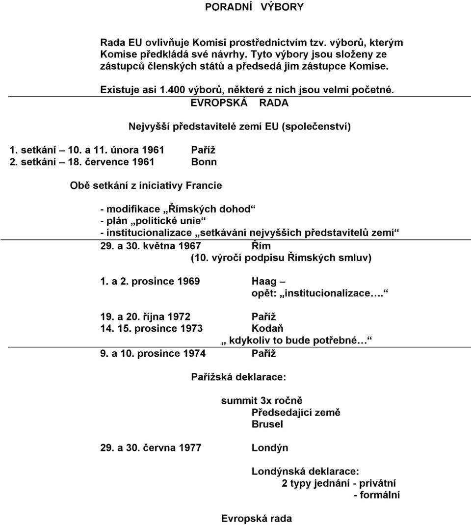 července 1961 Bonn Nejvyšší představitelé zemí EU (společenství) Obě setkání z iniciativy Francie - modifikace Římských dohod - plán politické unie - institucionalizace setkávání nejvyšších