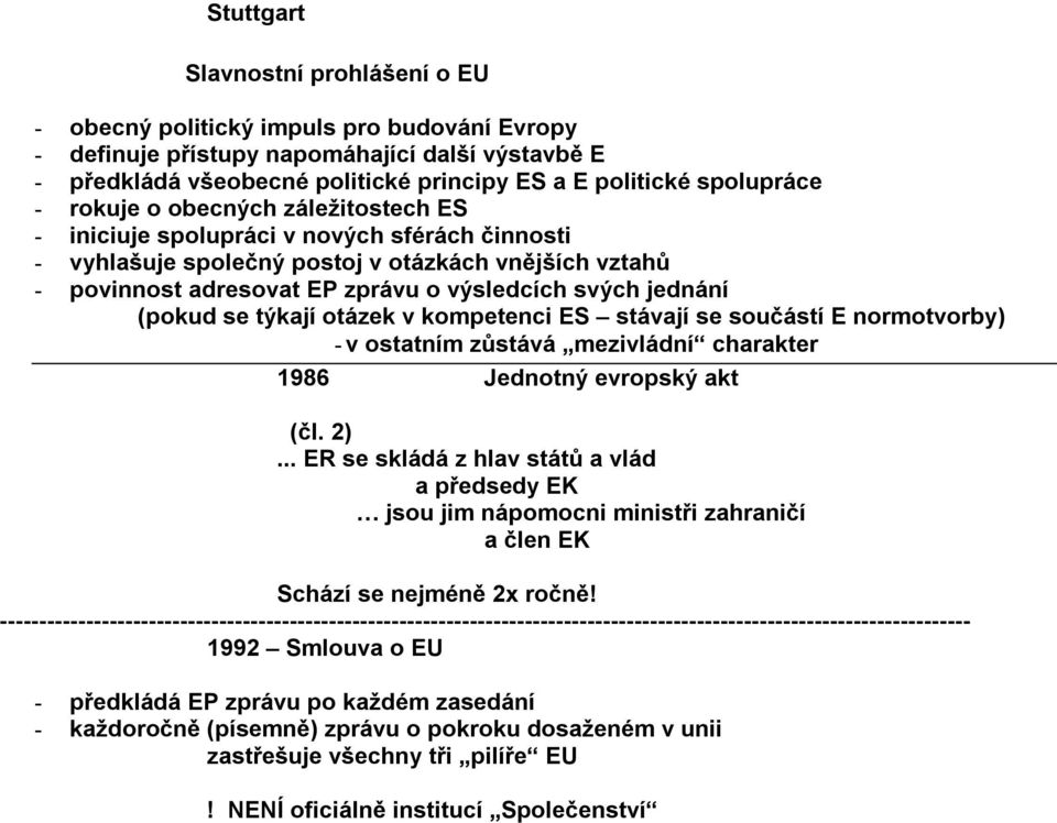 svých jednání (pokud se týkají otázek v kompetenci ES stávají se součástí E normotvorby) - v ostatním zůstává mezivládní charakter 1986 Jednotný evropský akt (čl. 2).
