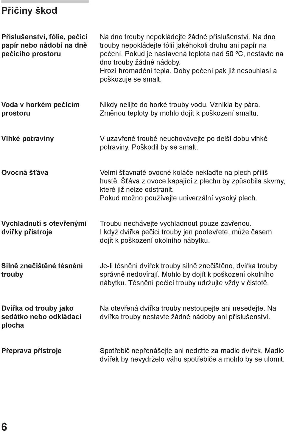 Doby pečení pak již nesouhlasí a poškozuje se smalt. Voda v horkém pečicím prostoru Nikdy nelijte do horké trouby vodu. Vznikla by pára. Změnou teploty by mohlo dojít k poškození smaltu.