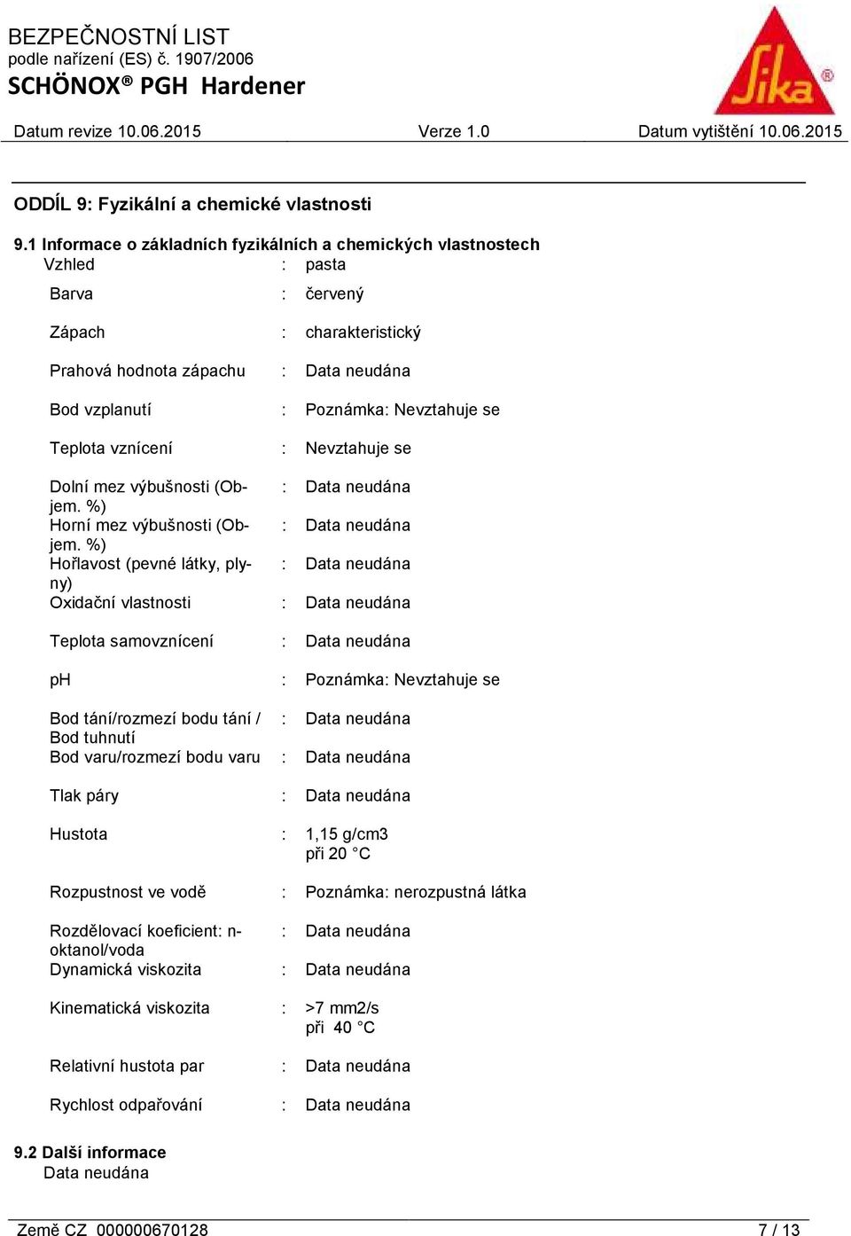 Teplota vznícení : Nevztahuje se Dolní mez výbušnosti (Objem. : Data neudána %) Horní mez výbušnosti (Objem.