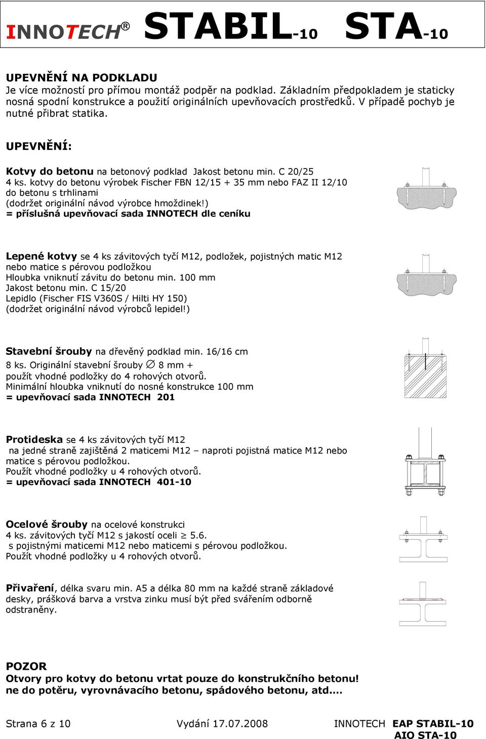 kotvy do betonu výrobek Fischer FBN 12/15 + 35 mm nebo FAZ II 12/10 do betonu s trhlinami (dodržet originální návod výrobce hmoždinek!