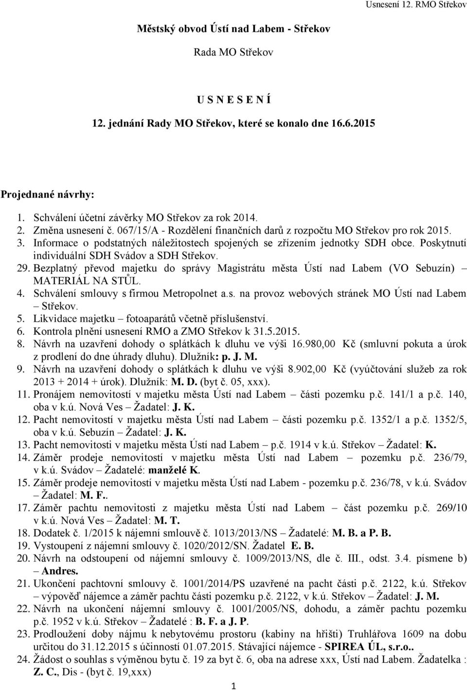 Poskytnutí individuální SDH Svádov a SDH Střekov. 29. Bezplatný převod majetku do správy Magistrátu města Ústí nad Labem (VO Sebuzín) MATERIÁL NA STŮL. 4. Schválení smlouvy s firmou Metropolnet a.s. na provoz webových stránek MO Ústí nad Labem Střekov.