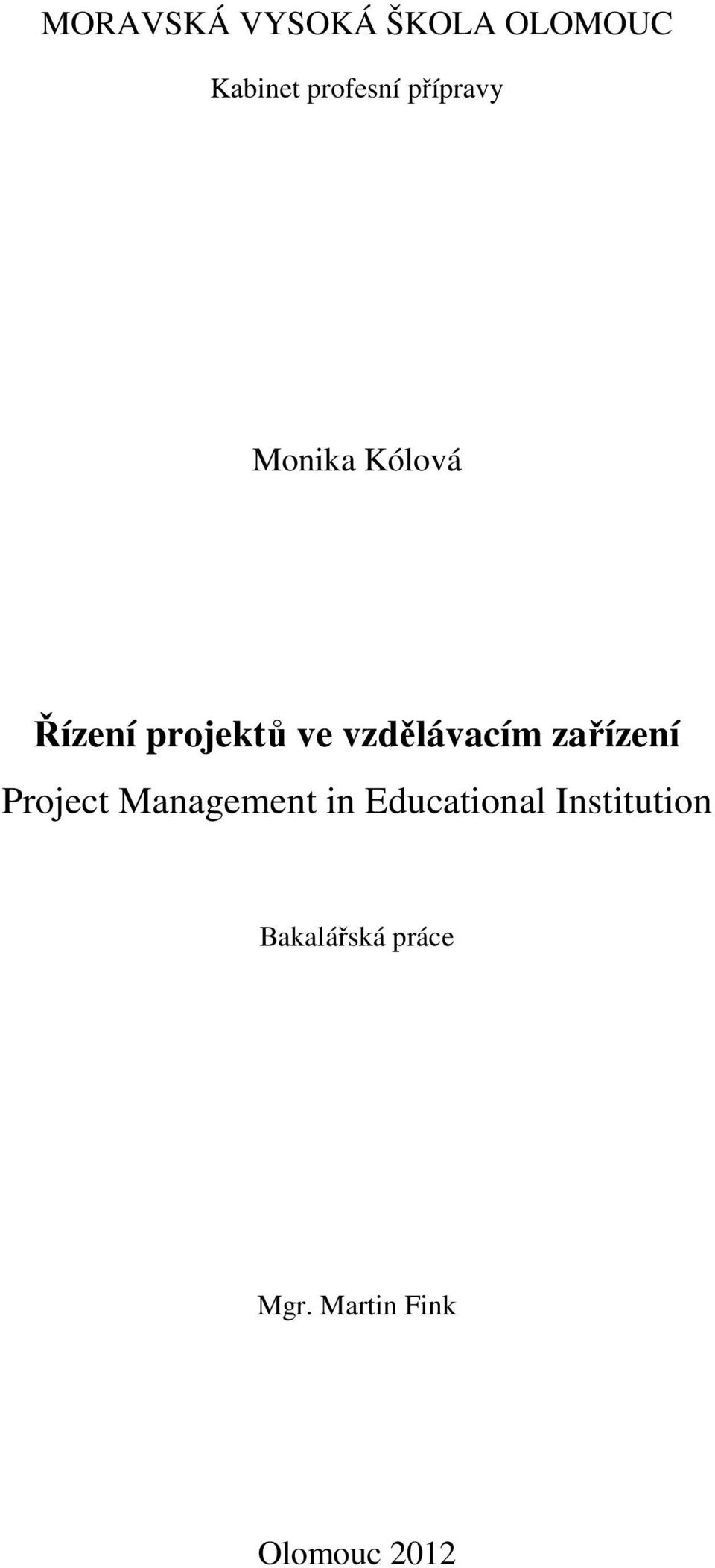 vzdělávacím zařízení Project Management in