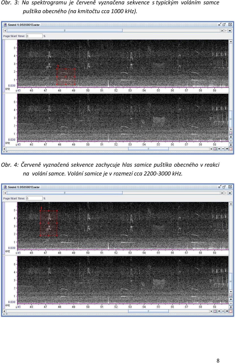 4: Červeně vyznačená sekvence zachycuje hlas samice puštíka