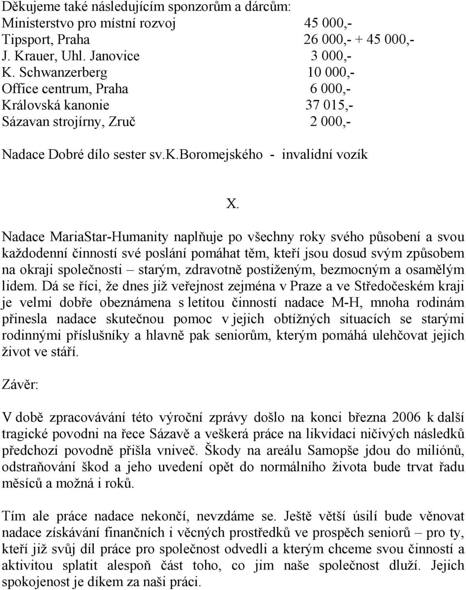 Nadace MariaStar-Humanity naplňuje po všechny roky svého působení a svou každodenní činností své poslání pomáhat těm, kteří jsou dosud svým způsobem na okraji společnosti starým, zdravotně