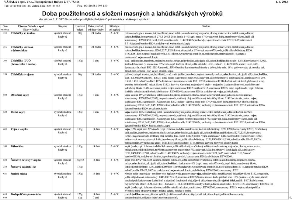 (ve znění pozdějších předpisů) O potravinách a tabákových výrobcích Číslo Výrobce:Váhala a spol. Skupina Hmotnost Doba použitel.