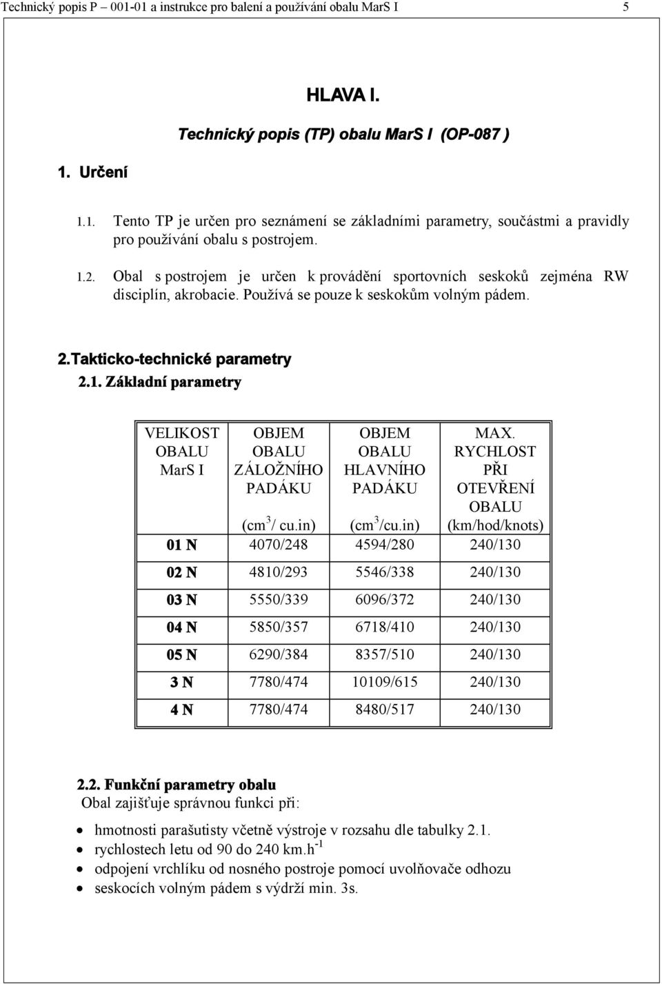 RYCHLOST PŘI OTEVŘENÍ OBALU (km/hod/knots) (cm 3 / cu.in) (cm 3 /cu.