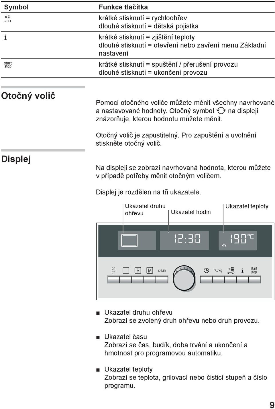 Otočný symbol na displeji znázorňuje, kterou hodnotu můžete měnit. Otočný volič je zapustitelný. Pro zapuštění a uvolnění stiskněte otočný volič.