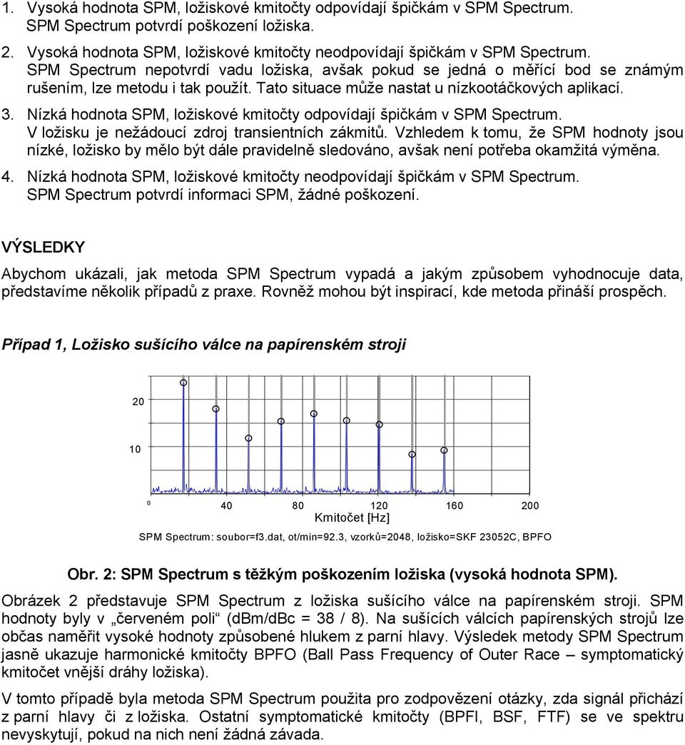 Nízká hodnota SPM, ložiskové kmitočty odpovídají špičkám v SPM Spectrum. V ložisku je nežádoucí zdroj transientních zákmitů.