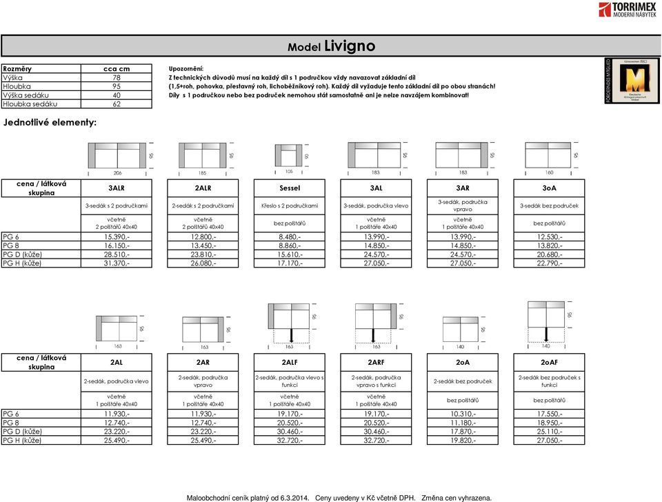 Jednotlivé elementy: 3ALR 3-sedák s 2 područkami 2ALR 2-sedák s 2 područkami Sessel Křeslo s 2 područkami 3-sedák bez područek PG 6 15.390,- 12.800,- 8.480,- 13.990,- 13.990,- 12.530,- PG 8 16.