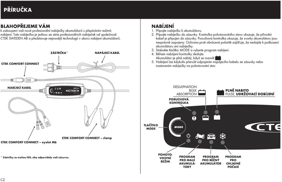 CTEK COMFORT CONNECT ZÁSTRČKA* NAPÁJECÍ KABEL NABÍJENÍ 1. Připojte nabíječku k akumulátoru. 2. Připojte nabíječku do zásuvky.