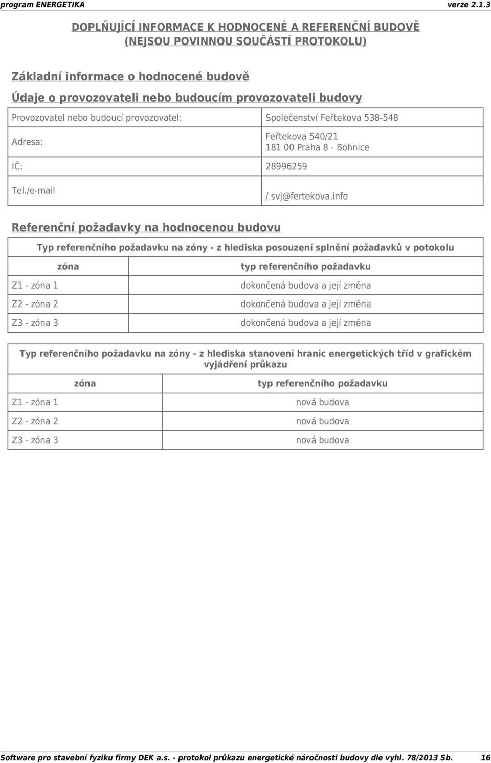 info Referenční požadavky na hodnocenou budovu Typ referenčního požadavku na zóny z hlediska posouzení splnění požadavků v potokolu zóna Z1 zóna 1 Z2 zóna 2 Z3 zóna 3 typ referenčního požadavku