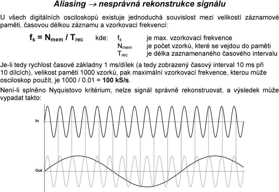 vzorkovací frekvence N mem T rec je počet vzorků, které se vejdou do paměti je délka zaznamenaného časového intervalu Je-li tedy rychlost časové základny 1 ms/dílek (a