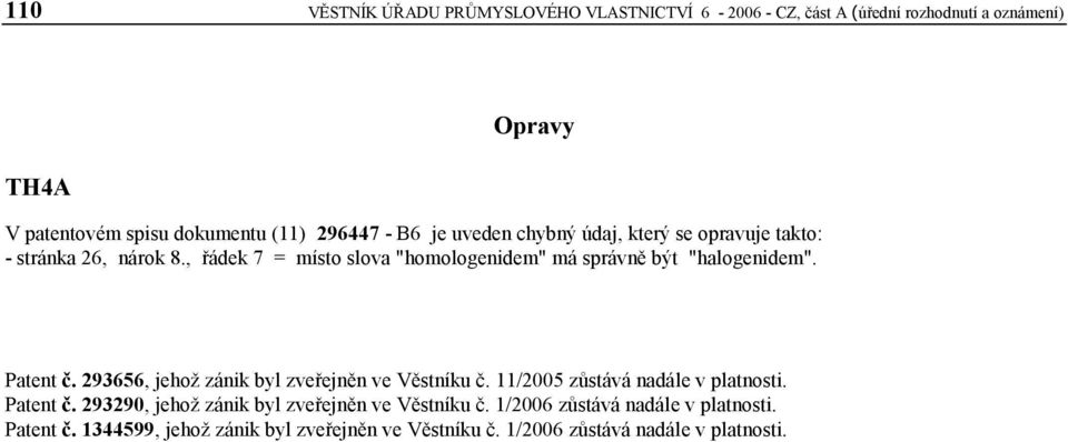 , řádek 7 = místo slova "homologenidem" má správně být "halogenidem". Patent č. 293656, jehož zánik byl zveřejněn ve Věstníku č.