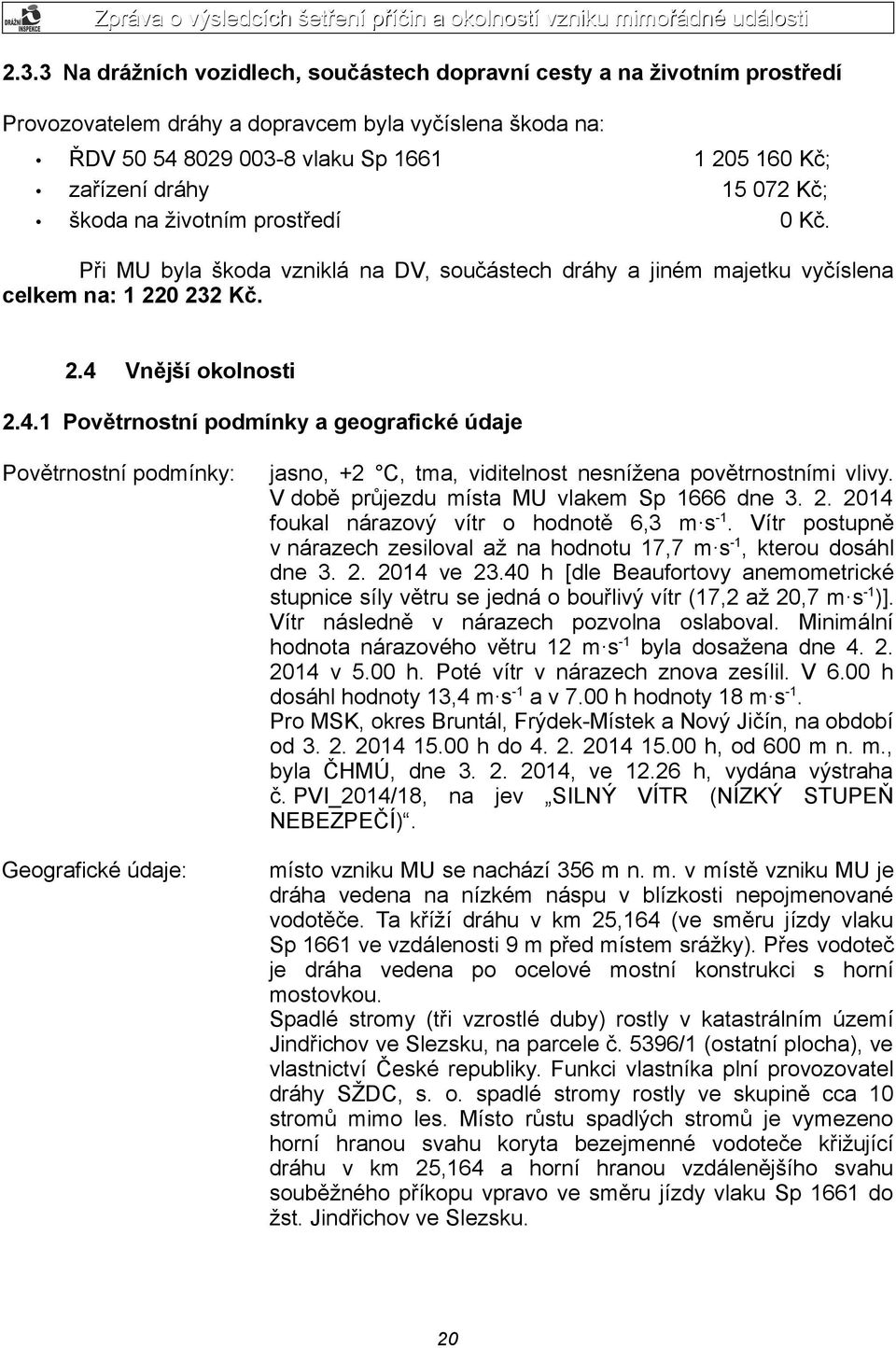 Vnější okolnosti 2.4.1 Povětrnostní podmínky a geografické údaje Povětrnostní podmínky: Geografické údaje: jasno, +2 C, tma, viditelnost nesnížena povětrnostními vlivy.