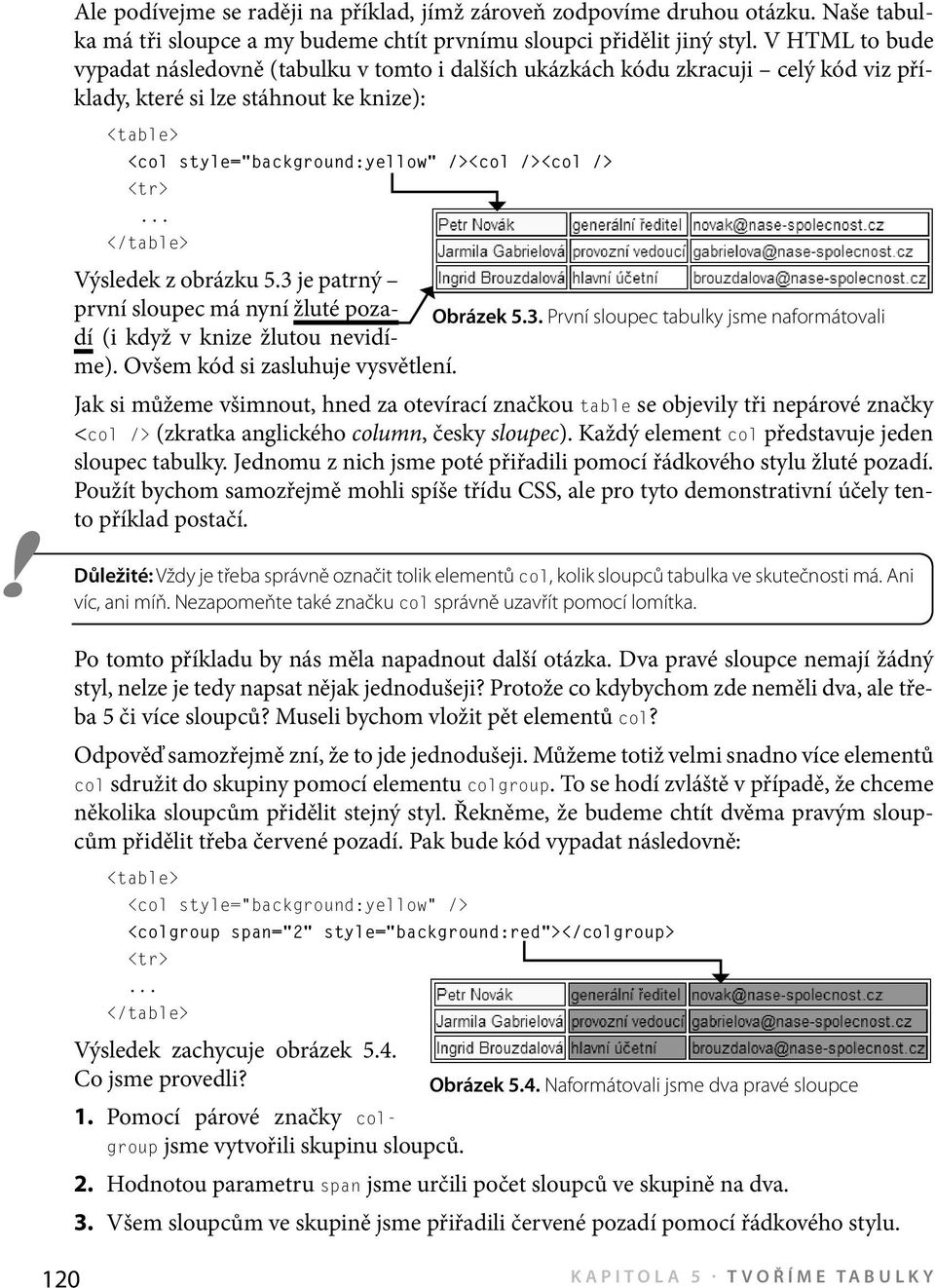 obrázku 5.3 je patrný první sloupec má nyní žluté pozadí (i když v knize žlutou nevidí- Obrázek 5.3. První sloupec tabulky jsme naformátovali me). Ovšem kód si zasluhuje vysvětlení.