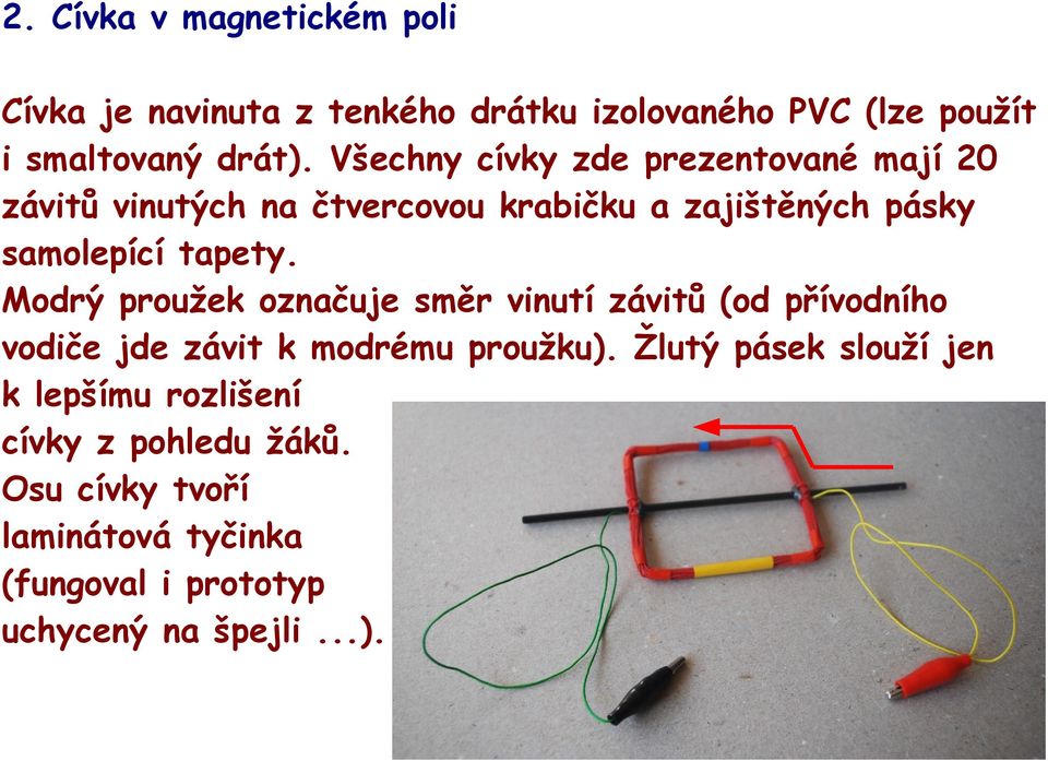 Modrý proužek označuje směr vinutí závitů (od přívodního vodiče jde závit k modrému proužku).