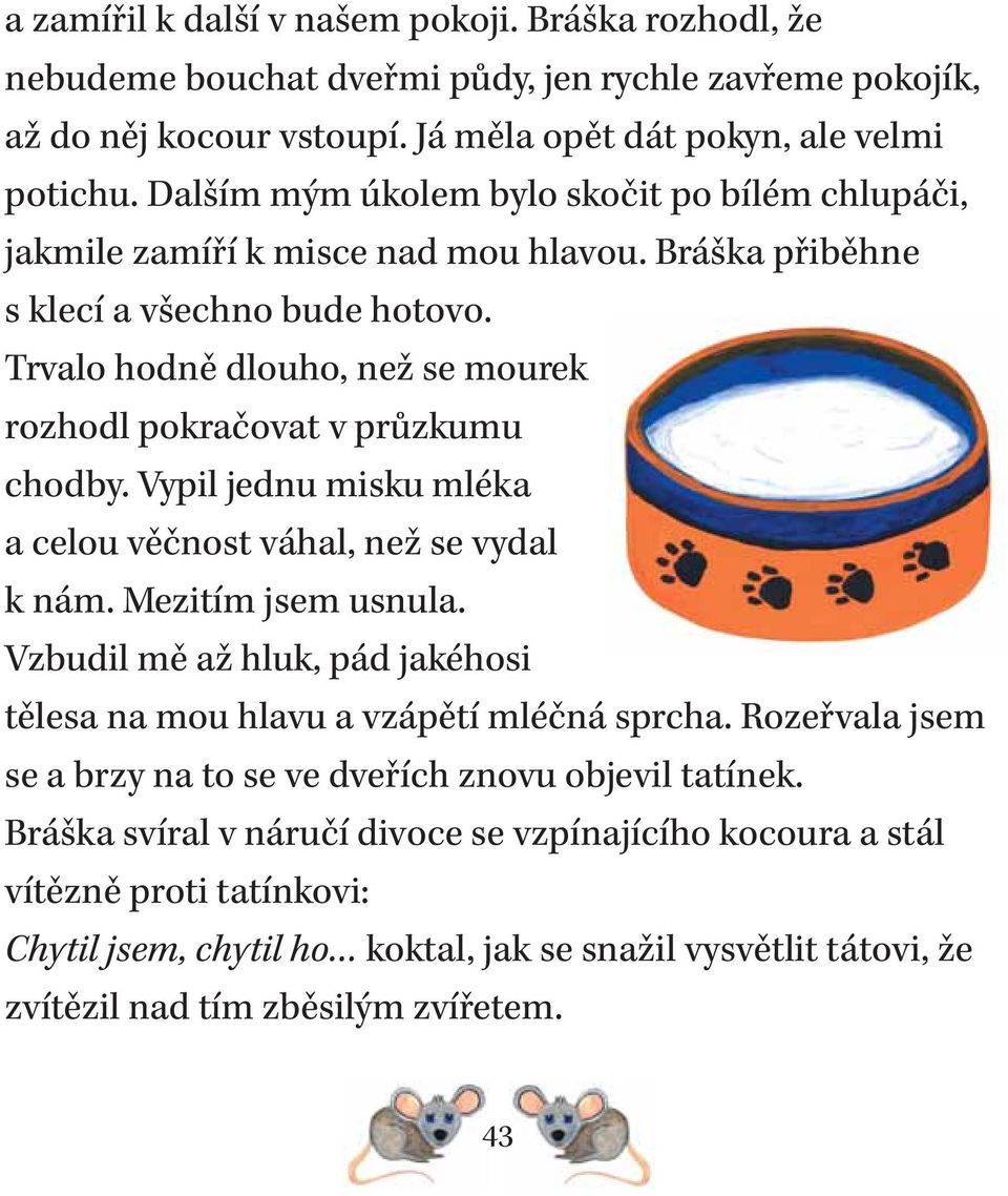 Trvalo hodně dlouho, než se mourek rozhodl pokračovat v průzkumu chodby. Vypil jednu misku mléka a celou věčnost váhal, než se vydal k nám. Mezitím jsem usnula.