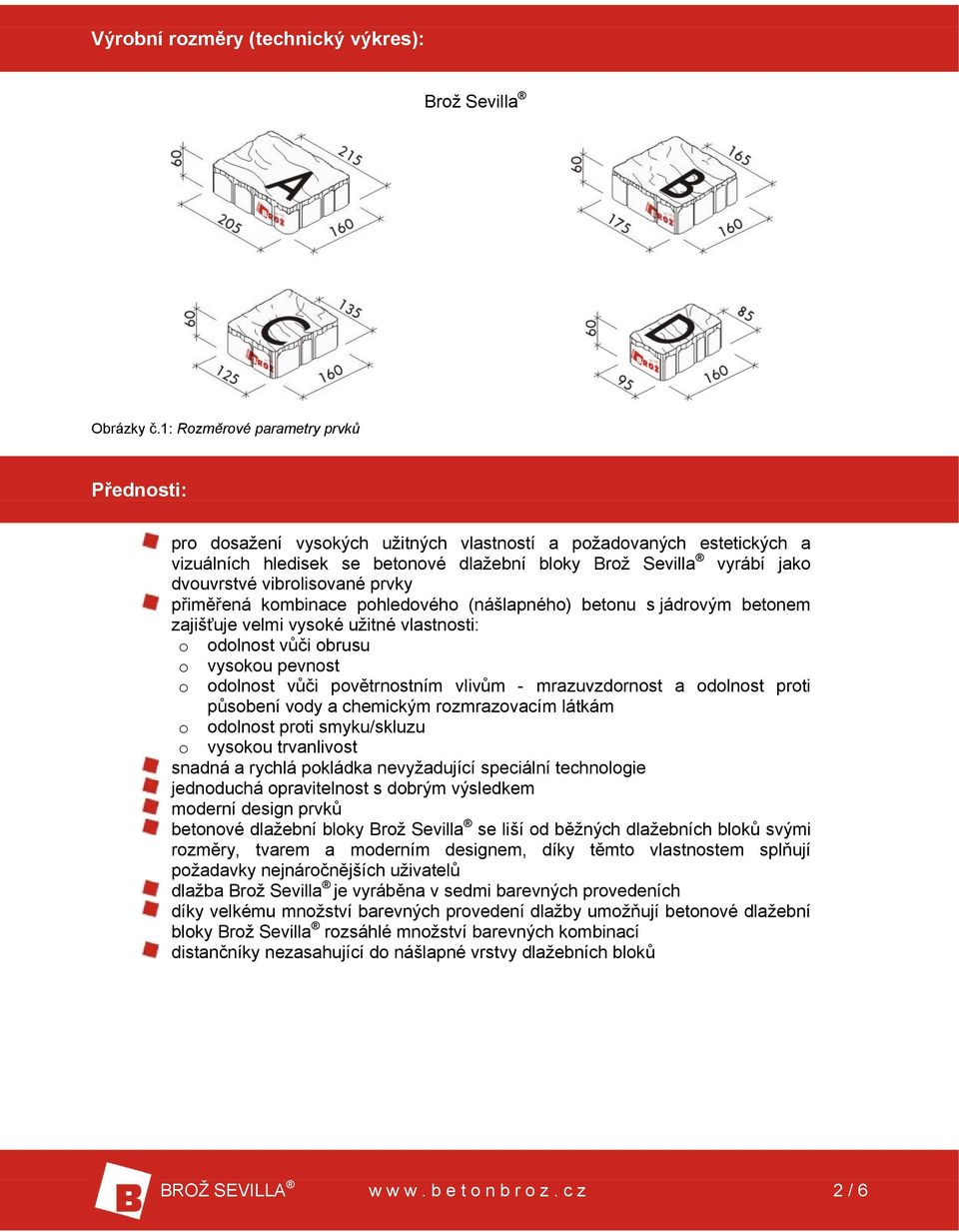 vibrolisované prvky přiměřená kombinace pohledového (nášlapného) betonu s jádrovým betonem zajišťuje velmi vysoké užitné vlastnosti: o odolnost vůči obrusu o vysokou pevnost o odolnost vůči