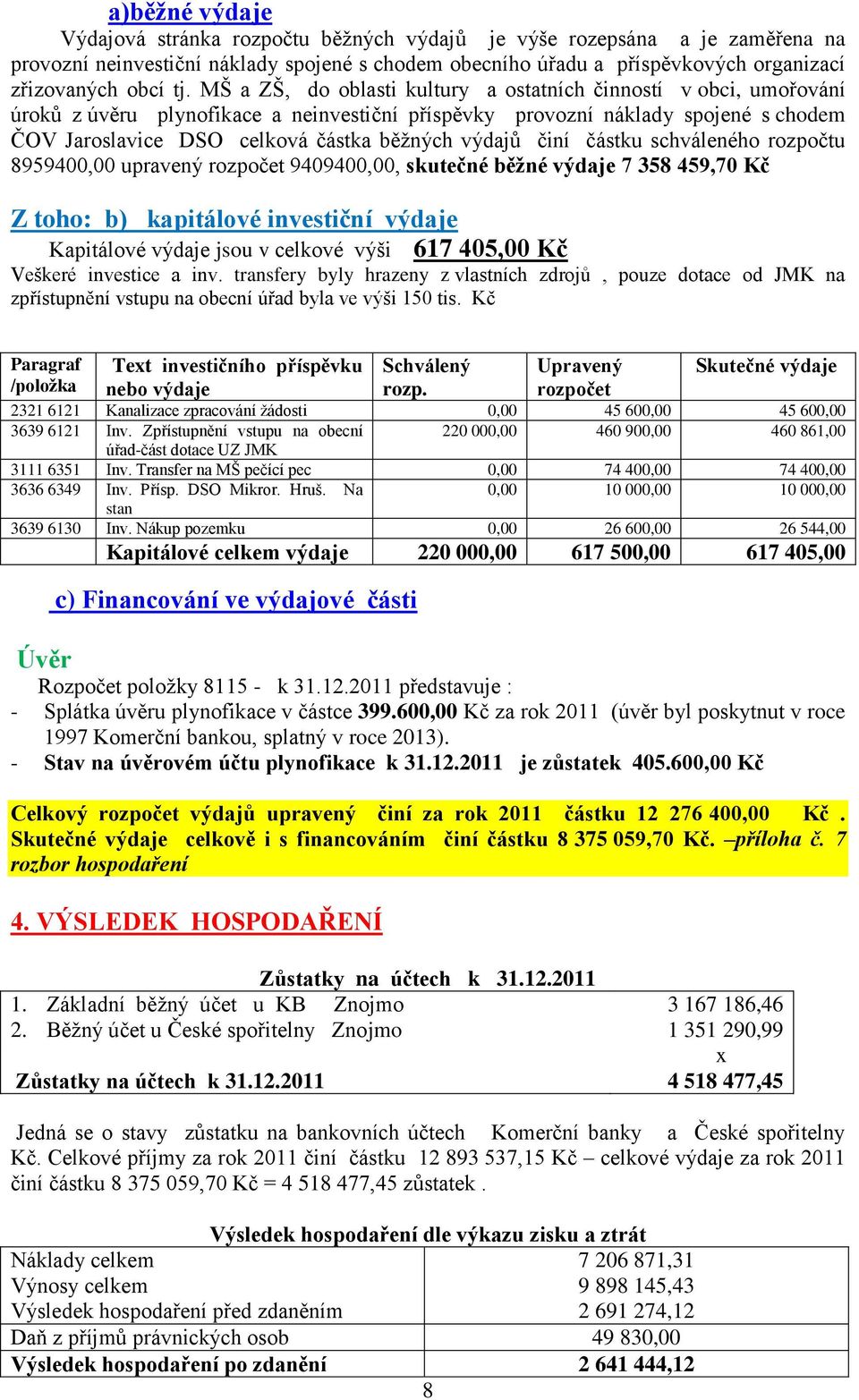 výdajů činí částku schváleného rozpočtu 8959400,00 upravený rozpočet 9409400,00, skutečné běžné výdaje 7 358 459,70 Kč Z toho: b) kapitálové investiční výdaje Kapitálové výdaje jsou v celkové výši