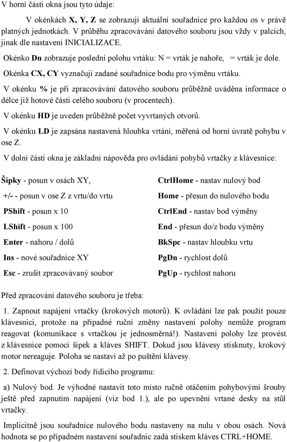 Okénka CX, CY vyznačují zadané souřadnice bodu pro výměnu vrtáku. V okénku % je při zpracovávání datového souboru průběžně uváděna informace o délce již hotové části celého souboru (v procentech).