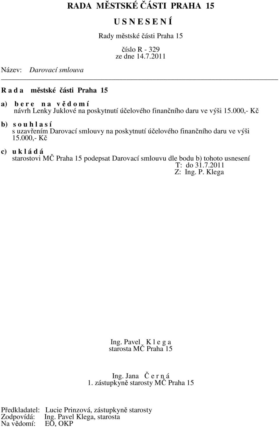 000,- Kč starostovi MČ Praha 15 podepsat Darovací smlouvu dle bodu b) tohoto usnesení T: do 31.7.2011 Z: Ing.