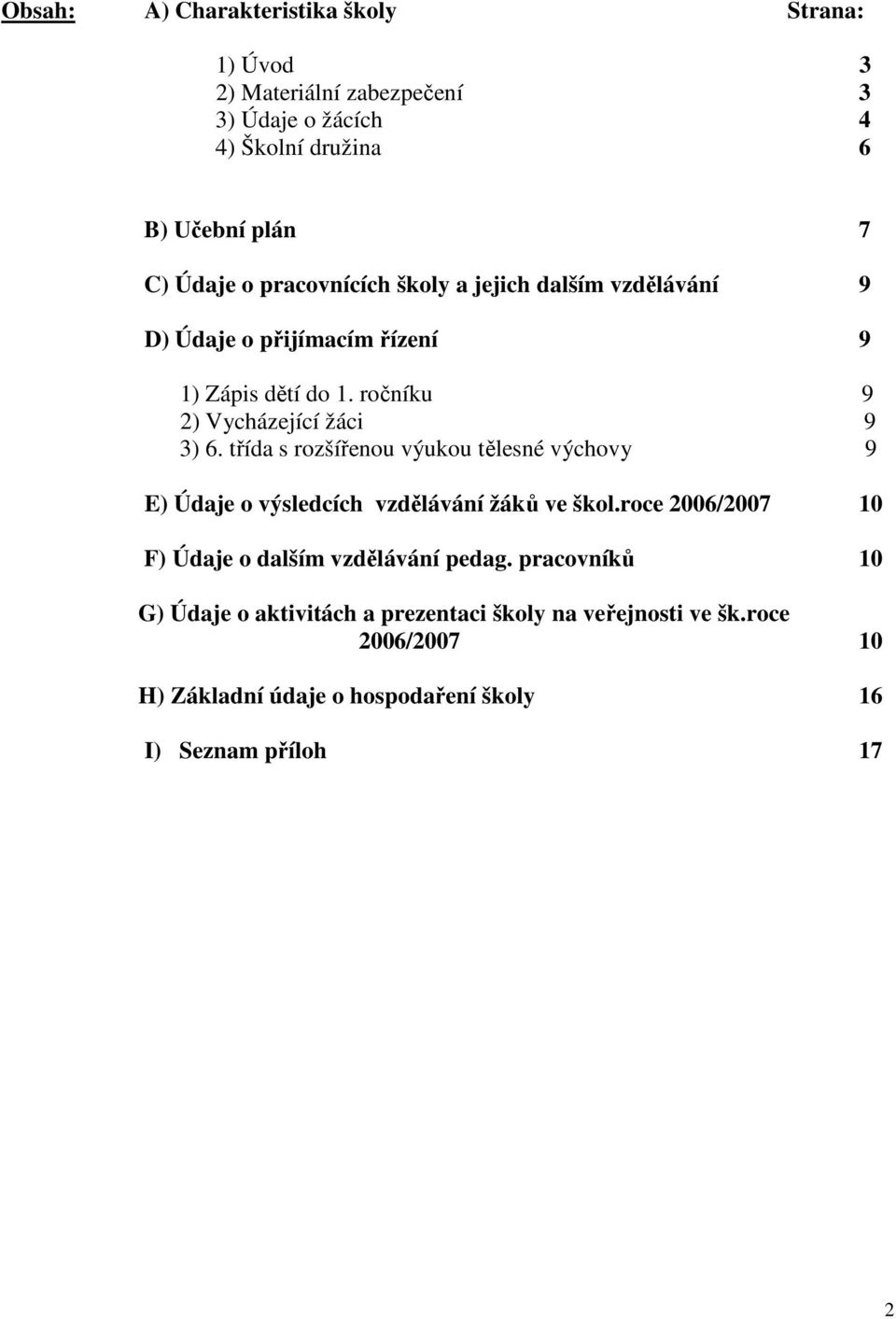 třída s rozšířenou výukou tělesné výchovy 9 E) Údaje o výsledcích vzdělávání žáků ve škol.roce 2006/2007 10 F) Údaje o dalším vzdělávání pedag.