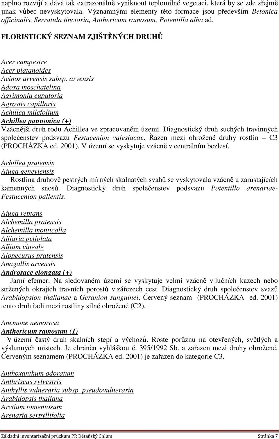 FLORISTICKÝ SEZNAM ZJIŠTĚNÝCH DRUHŮ Acer campestre Acer platanoides Acinos arvensis subsp.