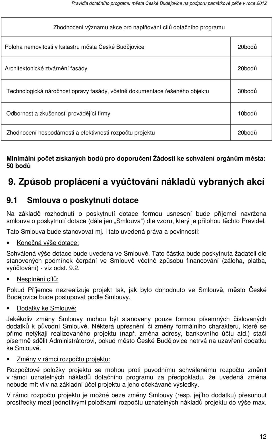 doporučení Žádosti ke schválení orgánům města: 50 bodů 9. Způsob proplácení a vyúčtování nákladů vybraných akcí 9.