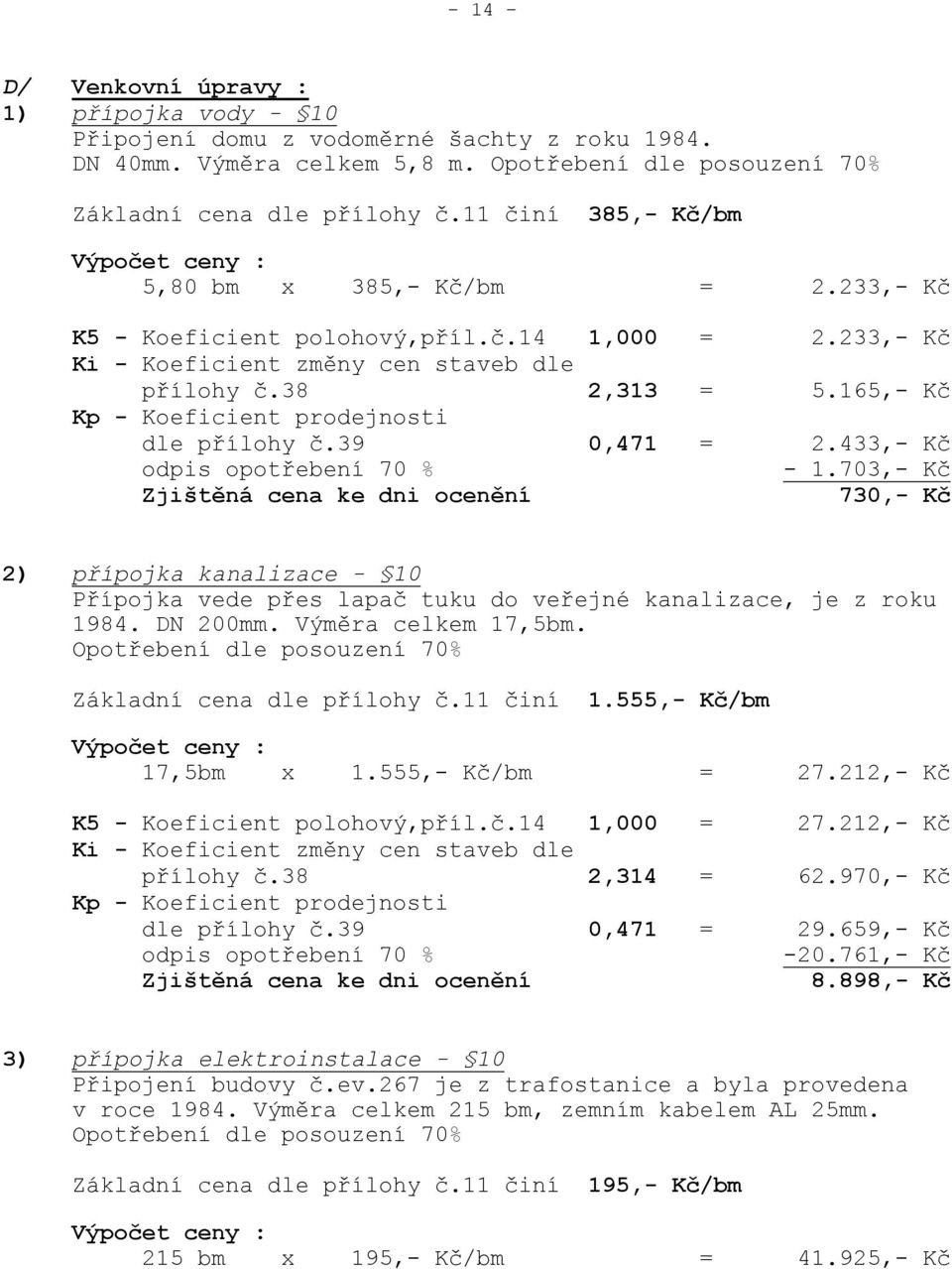 165,- Kč Kp - Koeficient prodejnosti dle přílohy č.39 0,471 = 2.433,- Kč odpis opotřebení 70 % - 1.