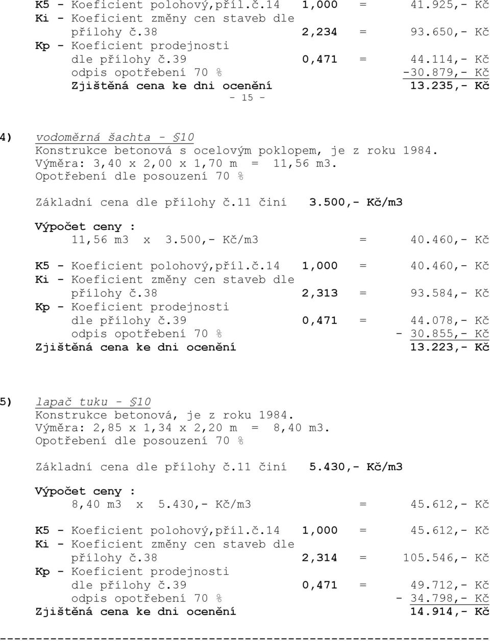 Výměra: 3,40 x 2,00 x 1,70 m = 11,56 m3. Opotřebení dle posouzení 70 % Základní cena dle přílohy č.11 činí 3.500,- Kč/m3 Výpočet ceny : 11,56 m3 x 3.500,- Kč/m3 = 40.