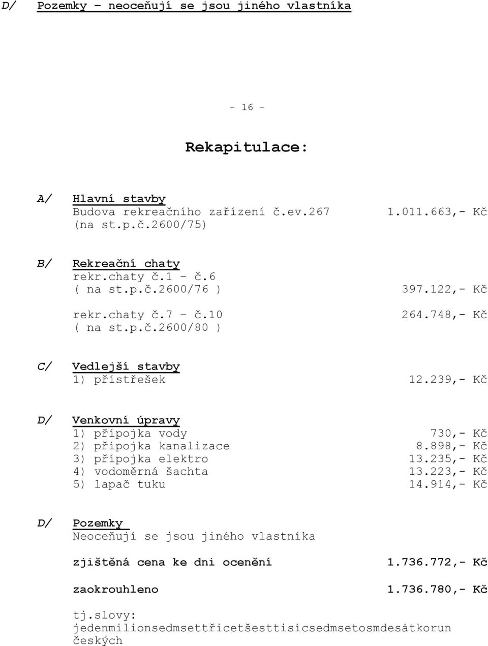 748,- Kč C/ Vedlejší stavby 1) přístřešek 12.239,- Kč D/ Venkovní úpravy 1) přípojka vody 730,- Kč 2) přípojka kanalizace 8.898,- Kč 3) přípojka elektro 13.