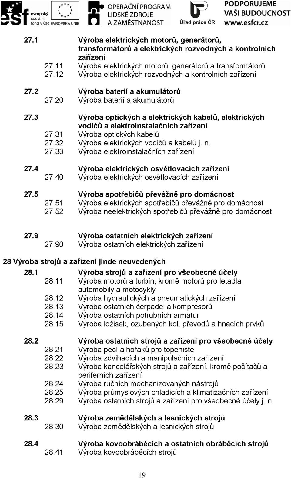 3 Výroba optických a elektrických kabelů, elektrických vodičů a elektroinstalačních zařízení 27.31 Výroba optických kabelů 27.32 Výroba elektrických vodičů a kabelů j. n. 27.33 Výroba elektroinstalačních zařízení 27.